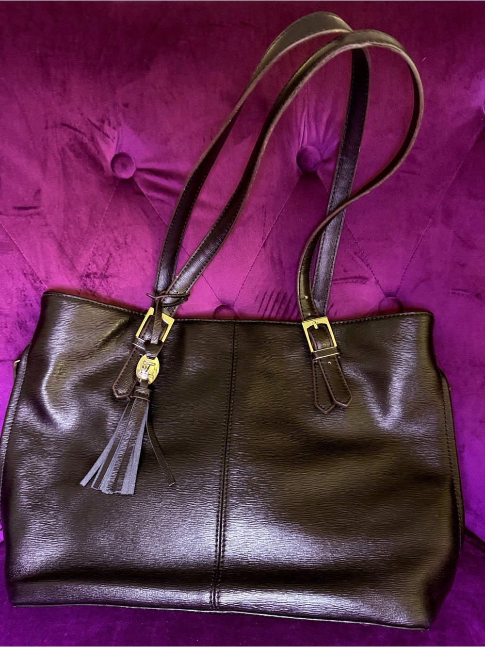 Tignanello Black Leather Large Tote Shoulder Bag Tassel Multicolor Lining